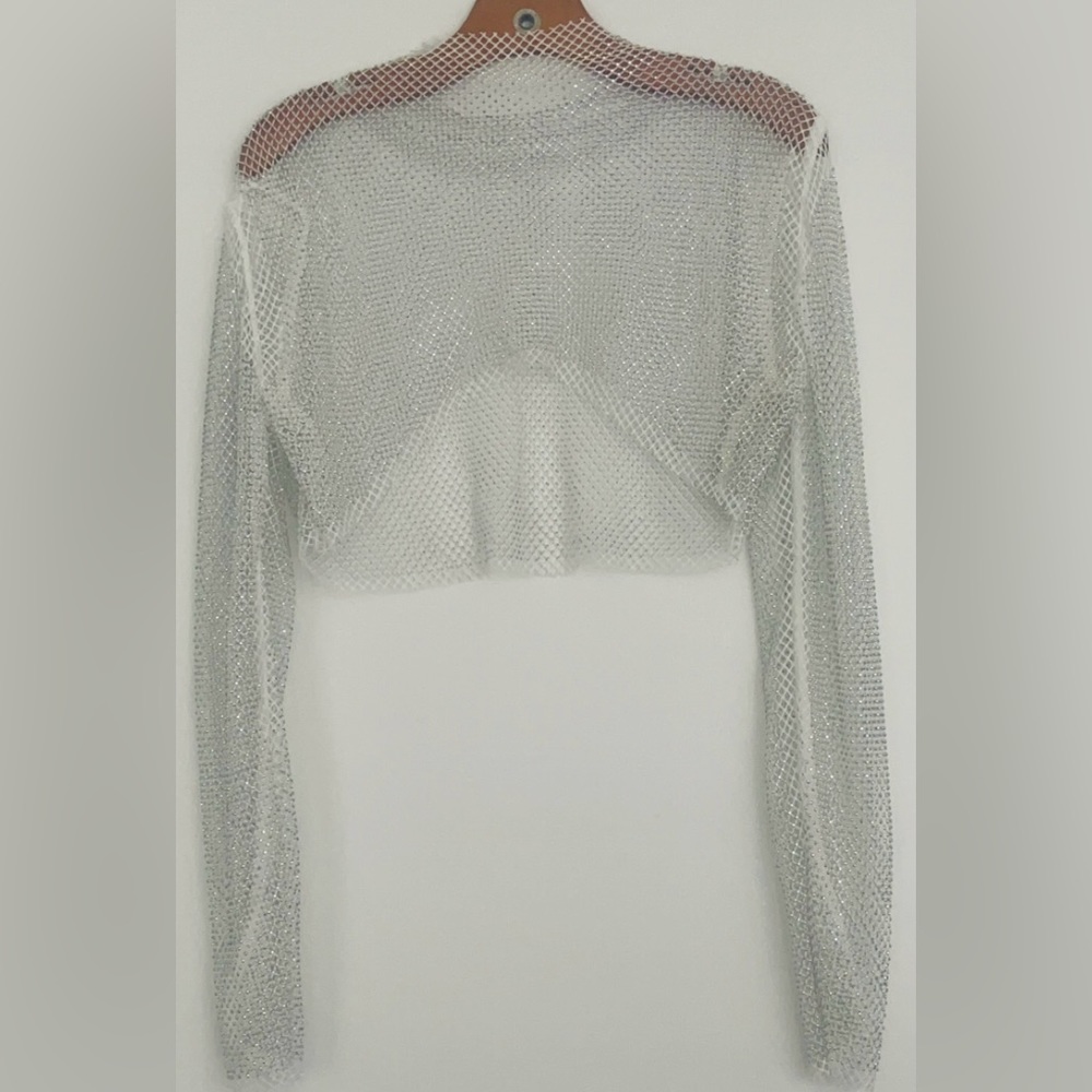 Appeloth a long sleeve crystal rhinestone fishnet cover crop top